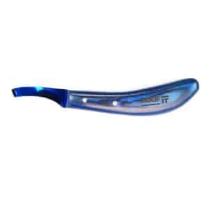 Hoof It hoof knife with a blue-finish curved blade and blue striped wooden HOOF IT handle, side view
