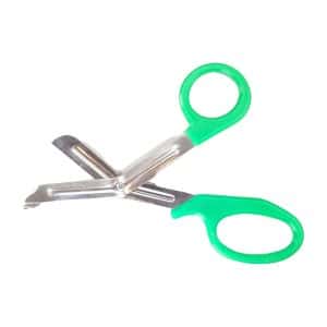 Open bandage utility scissors crossed in an X, highlighting the blunt-tipped lower blade