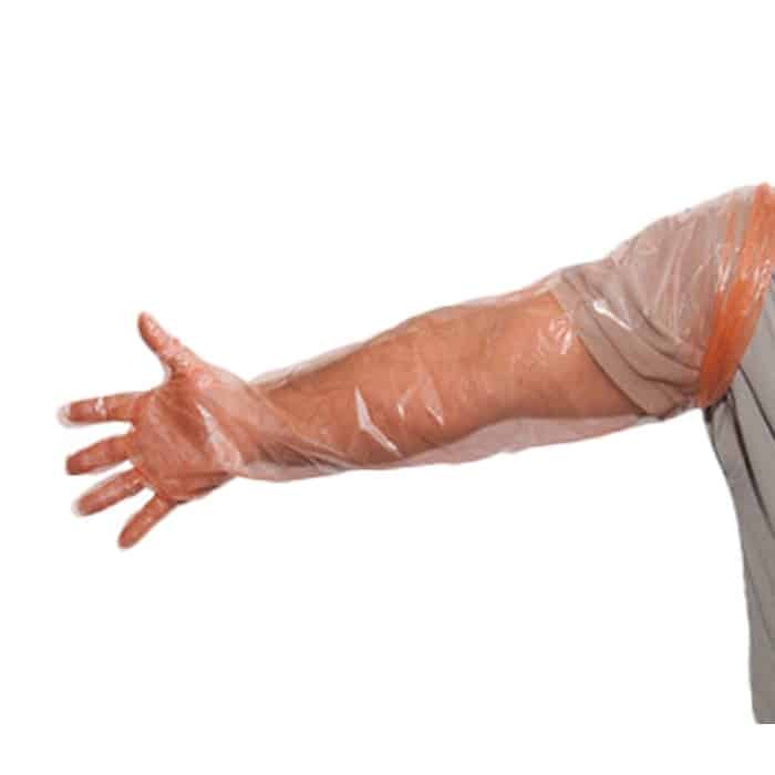 Long Veterinary AI Gloves — 90cm Disposable Shoulder-Length (Box of 100) 4 Five-finger-ambidextrous-orange-veterinary-glove-showing-90cm-length.