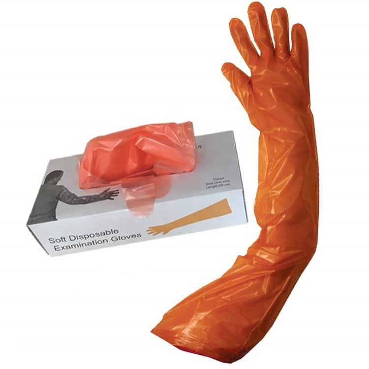 Long Veterinary AI Gloves — 90cm Disposable Shoulder-Length (Box of 100) 3 Soft-long-veterinary-glove-dispenser-box-with-orange-glove-pulled-out