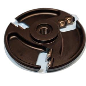 Angled top view of the Hoof It Trimmer Disc – 6 Insert, showing the disc face, the central threaded bore and the replaceable carbide inserts held by fixing screws.