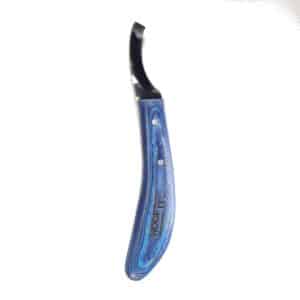 Hoof It left-hand hoof knife with a bright blue laminated wooden handle and black-coated curved blade