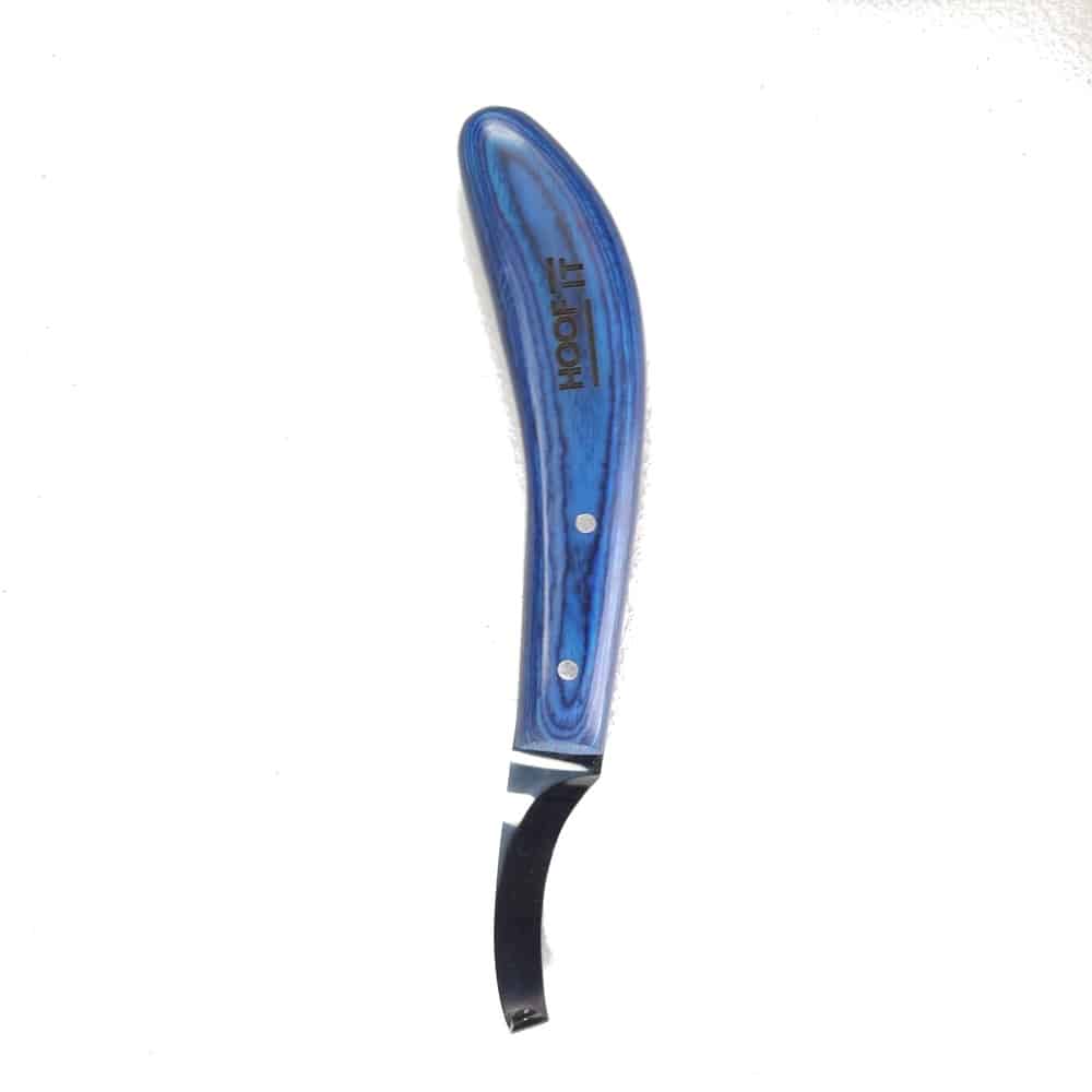 Hoof It Blue Handle Hoof Knife – Right Hand, Black Blade, J2 Stainless Steel 1 Hoof It right-hand hoof knife with a bright blue laminated wooden handle and black-coated curved blade