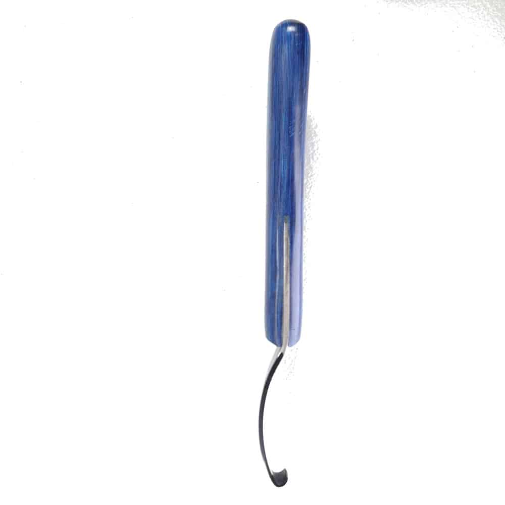 Hoof It Blue Handle Hoof Knife – Right Hand, Black Blade, J2 Stainless Steel 3 Bright blue laminated handle and curved blade of the Hoof It right-hand hoof knife