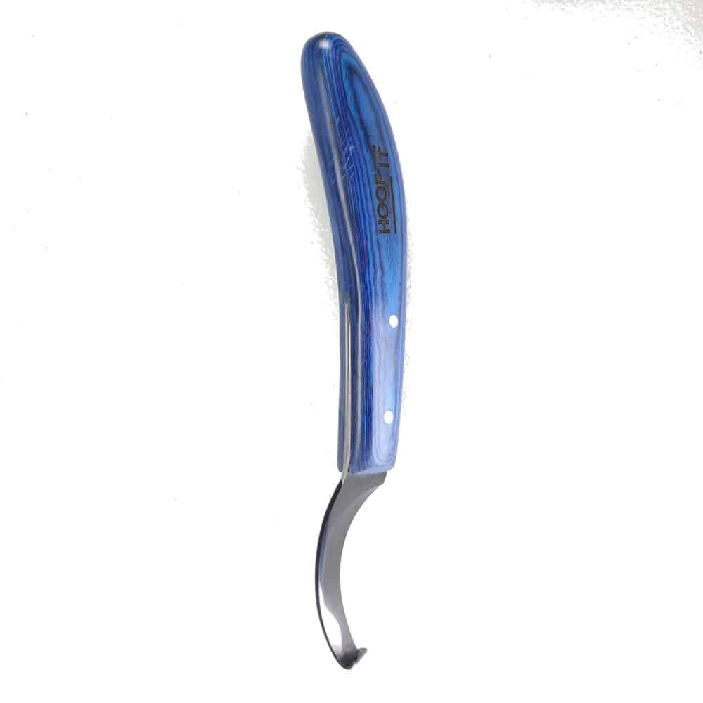 Hoof It Blue Handle Hoof Knife – Right Hand, Black Blade, J2 Stainless Steel 2 Black-coated curved blade and hooked tip of the Hoof It blue-handle right-hand hoof knife