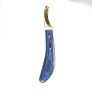 Hoof It loop hoof knife, left hand, blue-coated blade with gold ferrule and patterned handle, front view