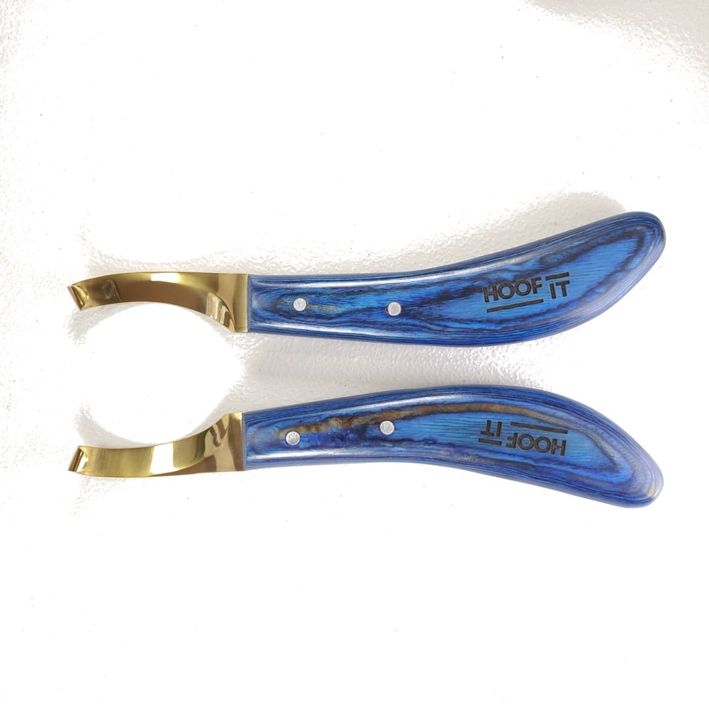 Hoof It Blue Handle Hoof Knife – Left Hand, Gold Blade, J2 Stainless Steel 3 Hoof It loop hoof knives, left hand and right hand pair, blue-coated blades with gold ferrules and patterned handles