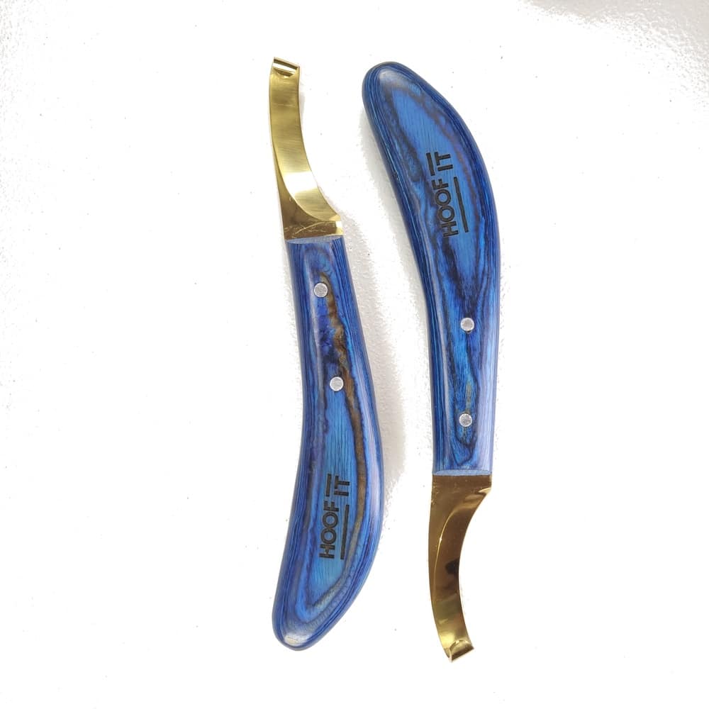 Hoof It Blue Handle Hoof Knife – Left Hand, Gold Blade, J2 Stainless Steel 4 Hoof It loop hoof knives, left hand and right hand pair, blue-coated blades with gold ferrules and patterned handles