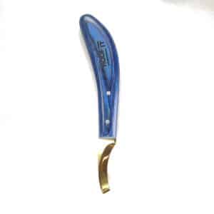 Hoof It loop hoof knife, right hand, blue-coated blade with gold ferrule and patterned handle