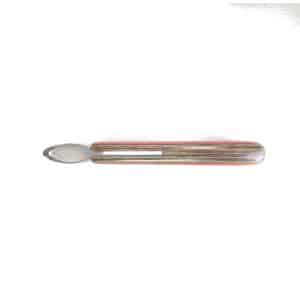 Top view of the Hoof It red-handle double-edge loop hoof knife showing handle and loop blade