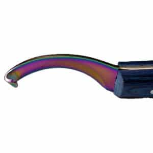 Hoof It loop hoof knife, left hand, rainbow titanium-coated blade and patterned handle