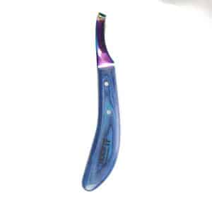 Hoof It loop hoof knife, left hand, rainbow titanium-coated blade and patterned handle, angled view