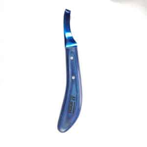 Hoof It loop hoof knife, left hand, rainbow titanium-coated blade and patterned handle, side view