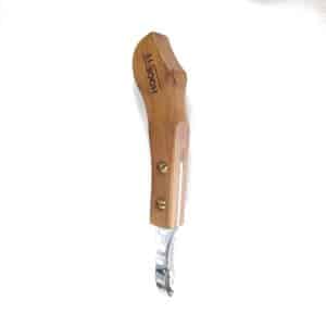 Top view of the Hoof It wooden-handle double-edge loop hoof knife showing handle and loop blade
