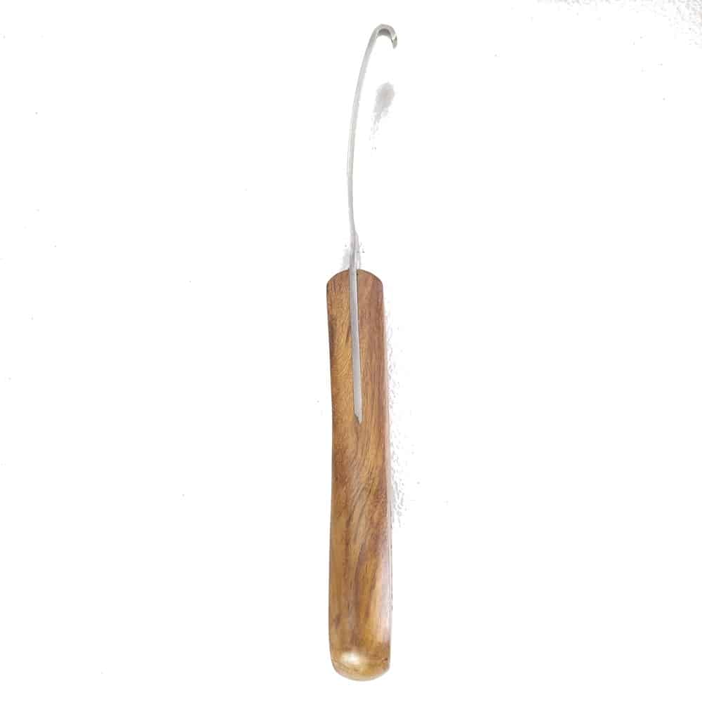 Hoof It Walnut Handle Hoof Knife – Left Hand, Narrow Blade, J2 Stainless Steel 3 Curved single-edge blade of the Hoof It left-hand wooden-handle hoof knife shown close up