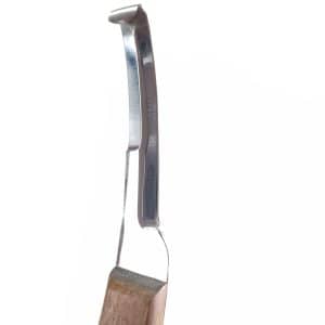 Hoof It wooden handle loop hoof knife, left hand, J2 stainless steel blade, front view