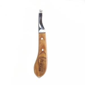 Hoof It wooden handle loop hoof knife, left hand, J2 stainless steel blade, front view