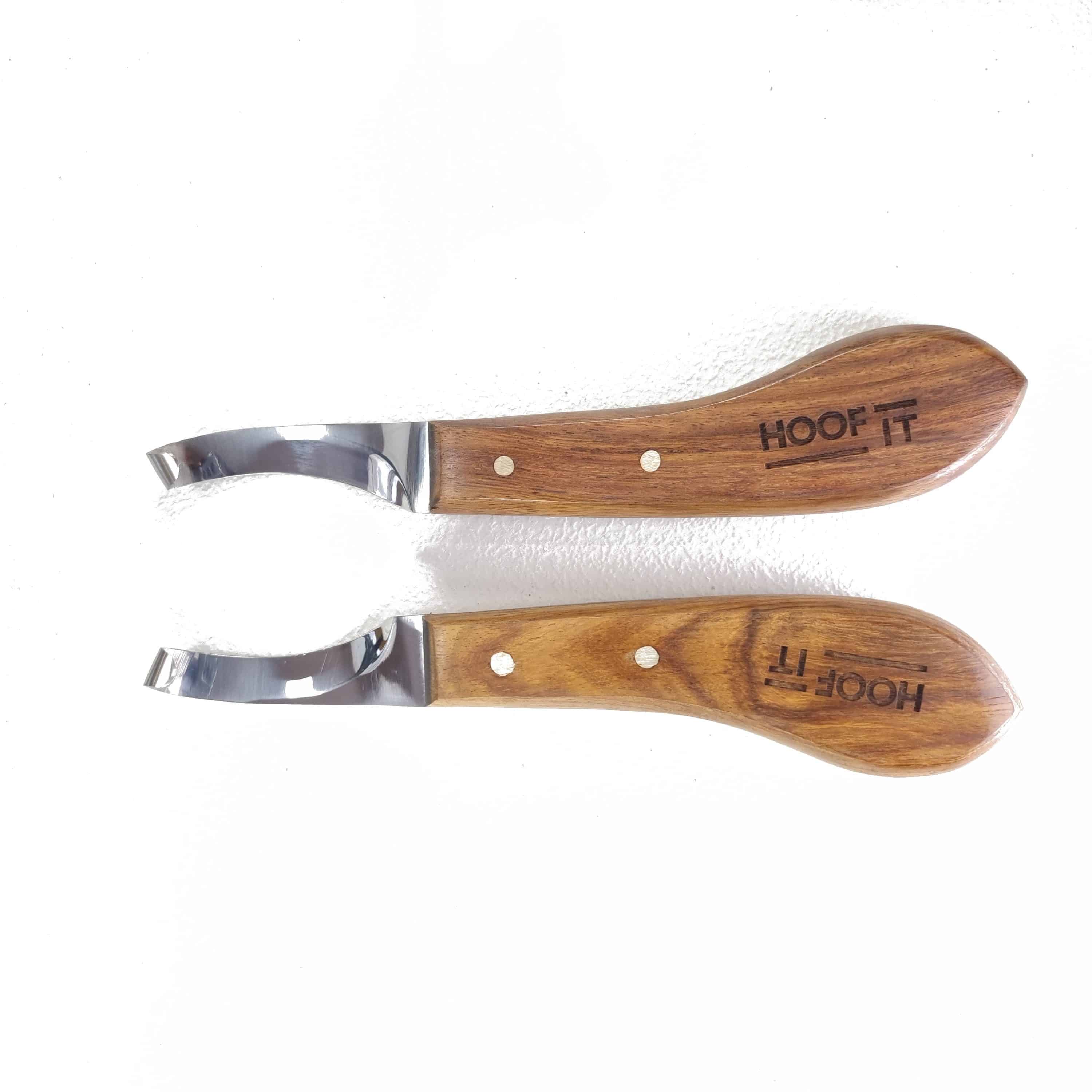 Hoof It Hoof Knife – Right Hand, J2 Stainless Steel 7 Hoof It wooden handle loop hoof knives, left hand and right hand pair, J2 stainless steel blades