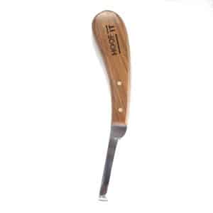 Hoof It right-hand farrier hoof knife with a natural wooden handle and curved single-edge blade