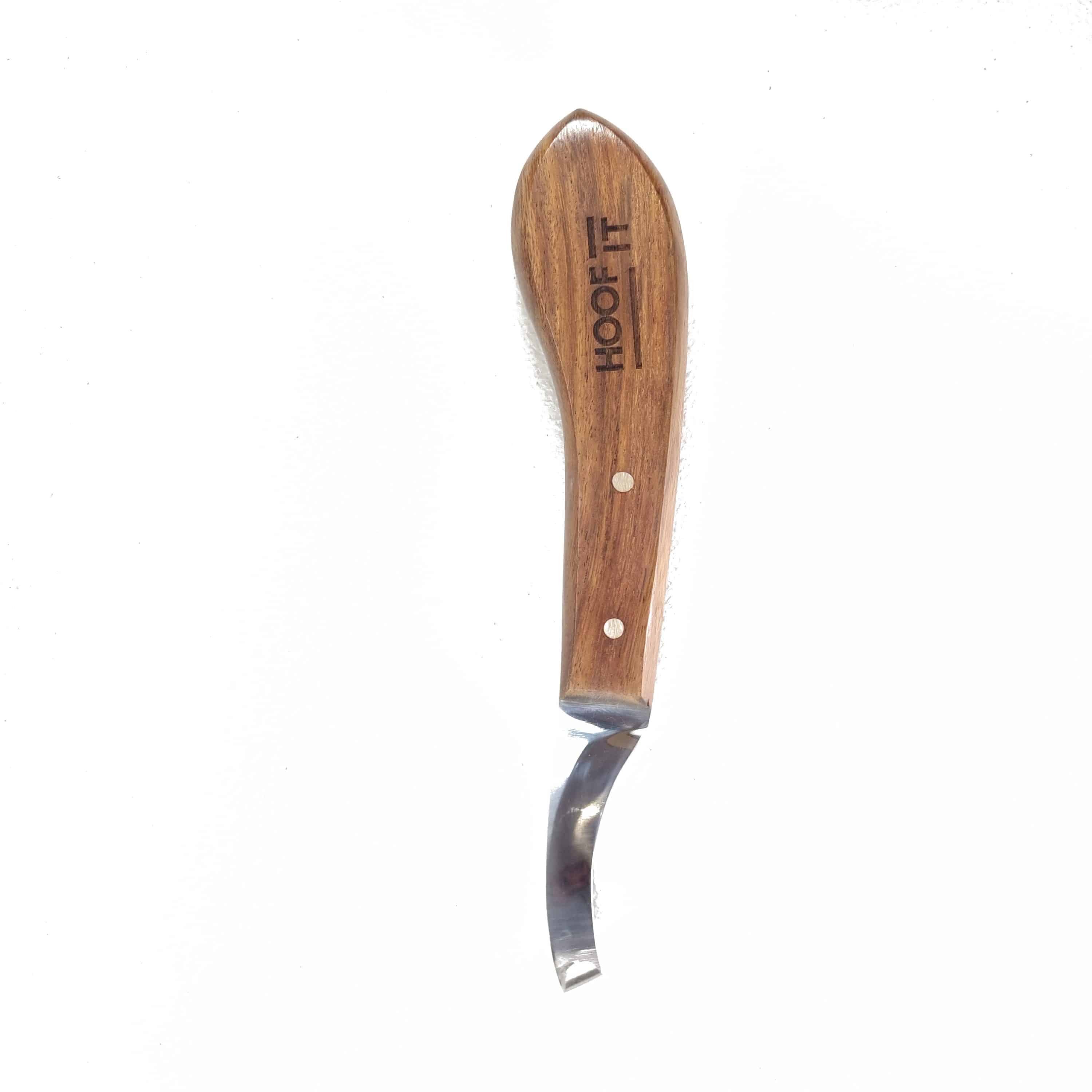 Hoof It Hoof Knife – Right Hand, J2 Stainless Steel 4 Hoof It wooden handle loop hoof knife, right hand, J2 stainless steel blade, front view