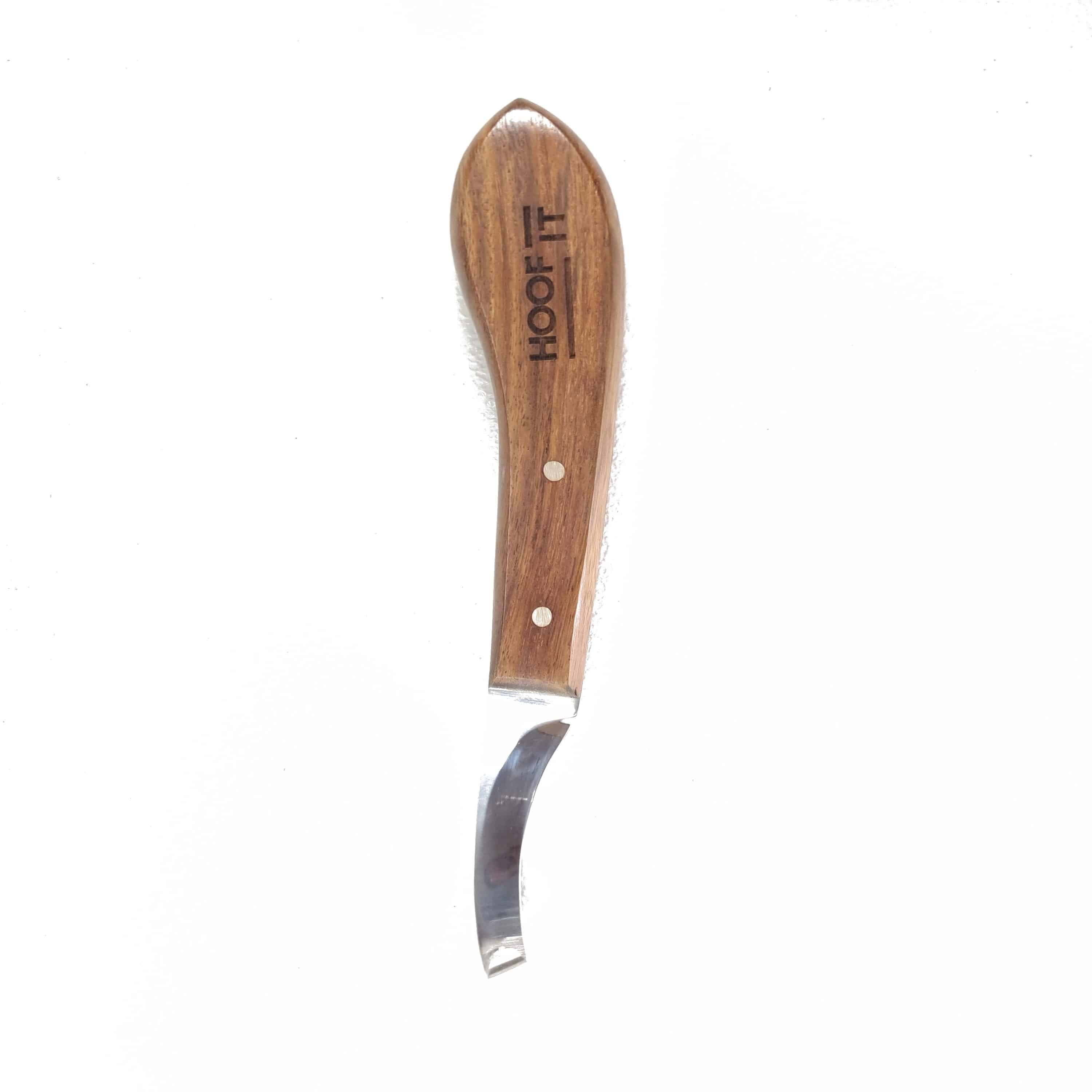 Hoof It Hoof Knife – Right Hand, J2 Stainless Steel 2 Hoof It wooden handle loop hoof knife, right hand, J2 stainless steel blade, side view
