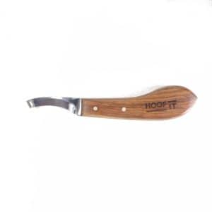 Hoof It wooden handle loop hoof knife, right hand, J2 stainless steel blade, side view
