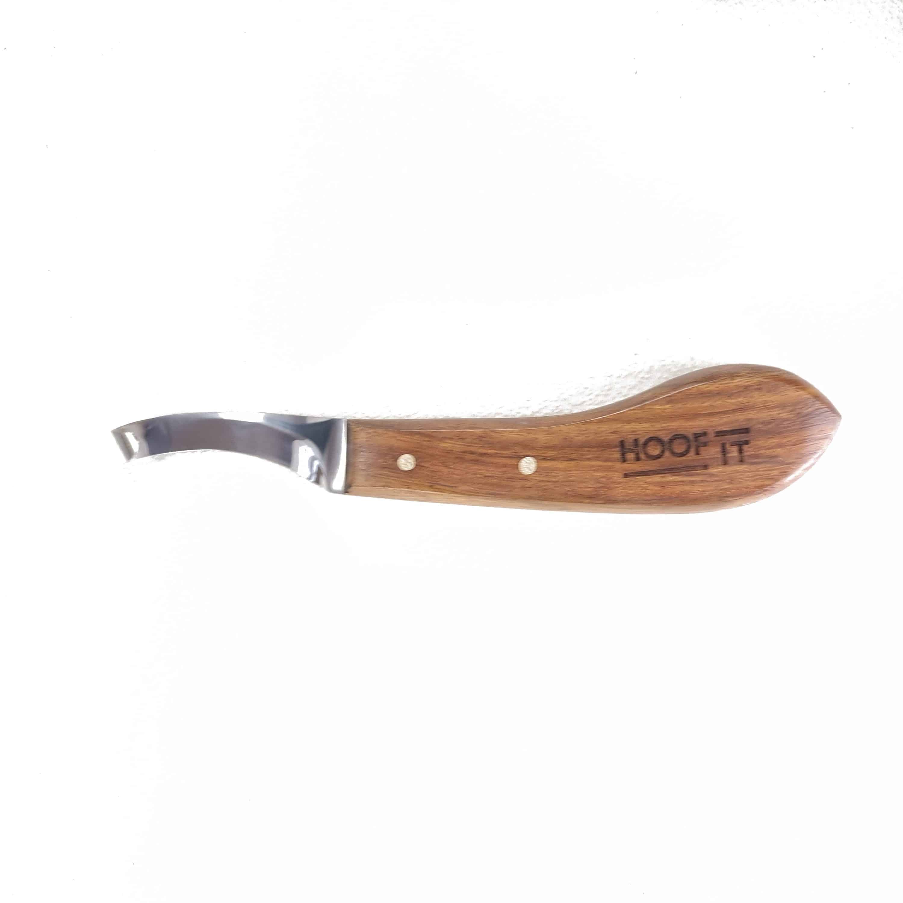 Hoof It Hoof Knife – Right Hand, J2 Stainless Steel 1 Hoof It wooden handle loop hoof knife, right hand, J2 stainless steel blade, side view